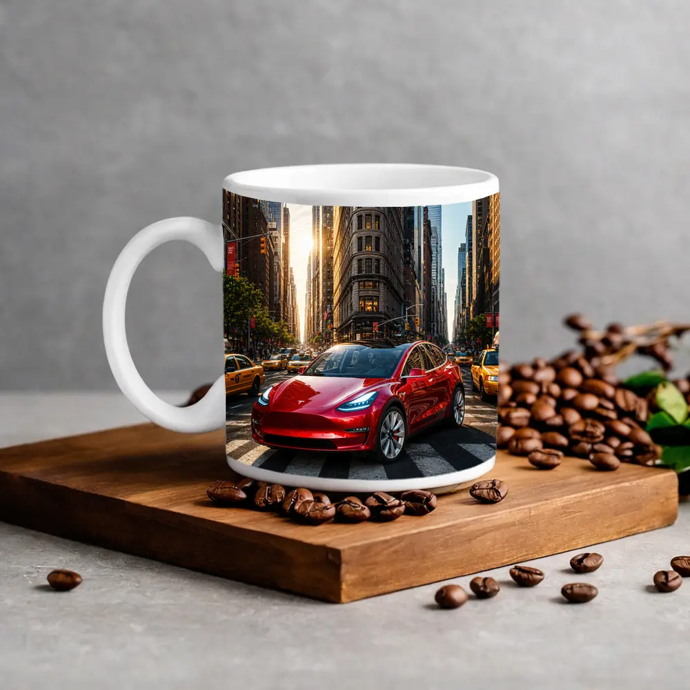 Tesla Model Three Red New York City – Mugs