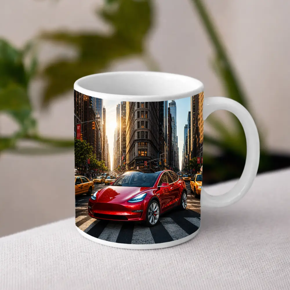 Tesla Model Three Red New York City – Mugs