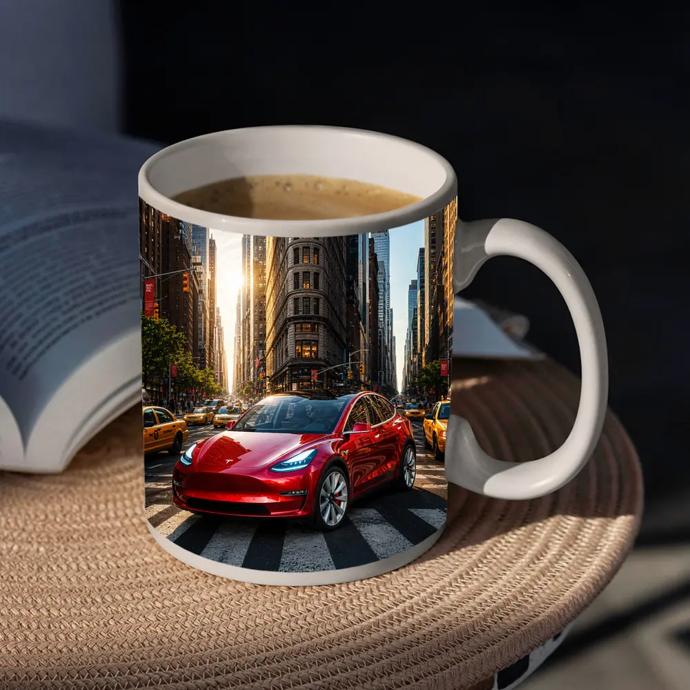 Tesla Model Three Red New York City – Mugs