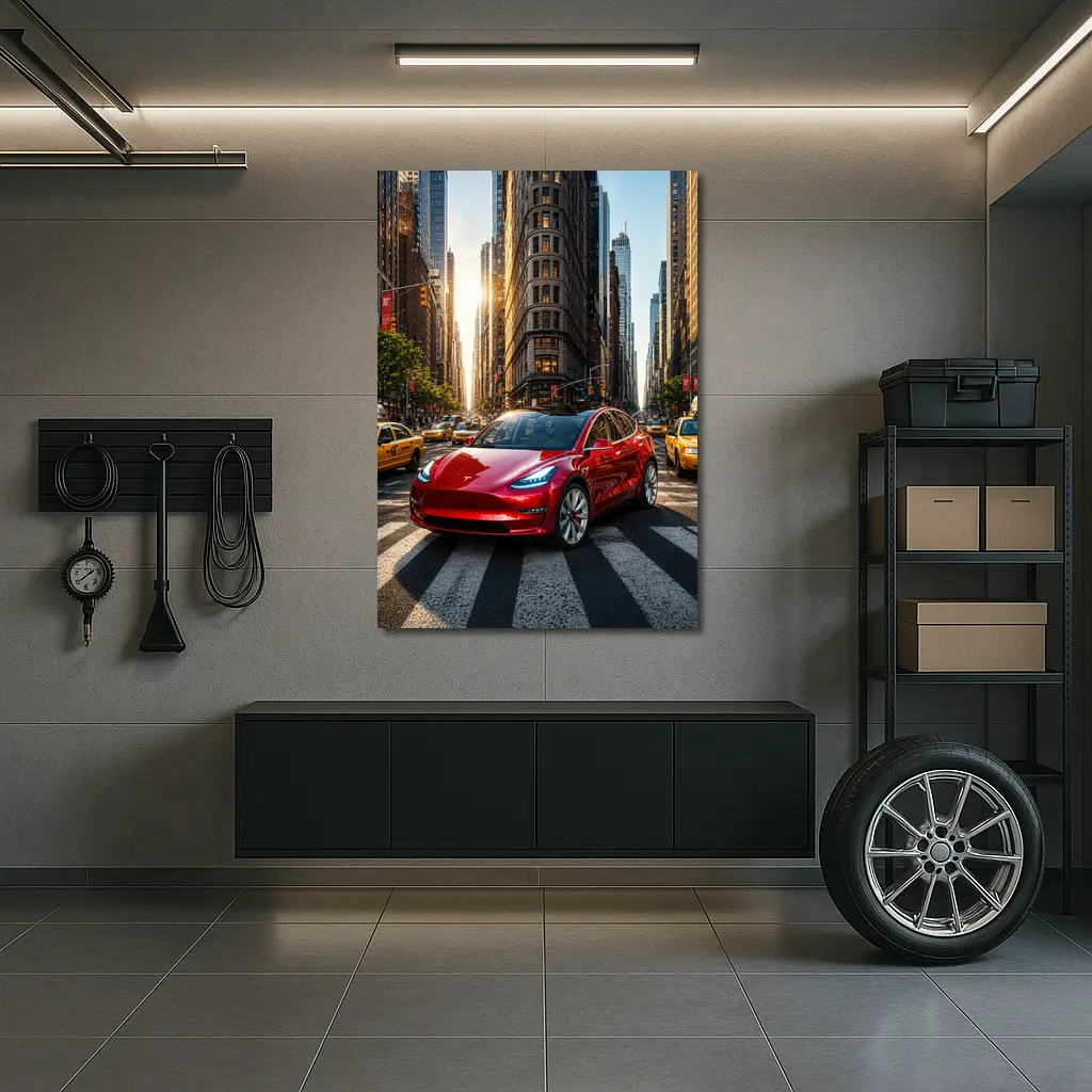 Tesla Model Three Red New York City – Wall Art