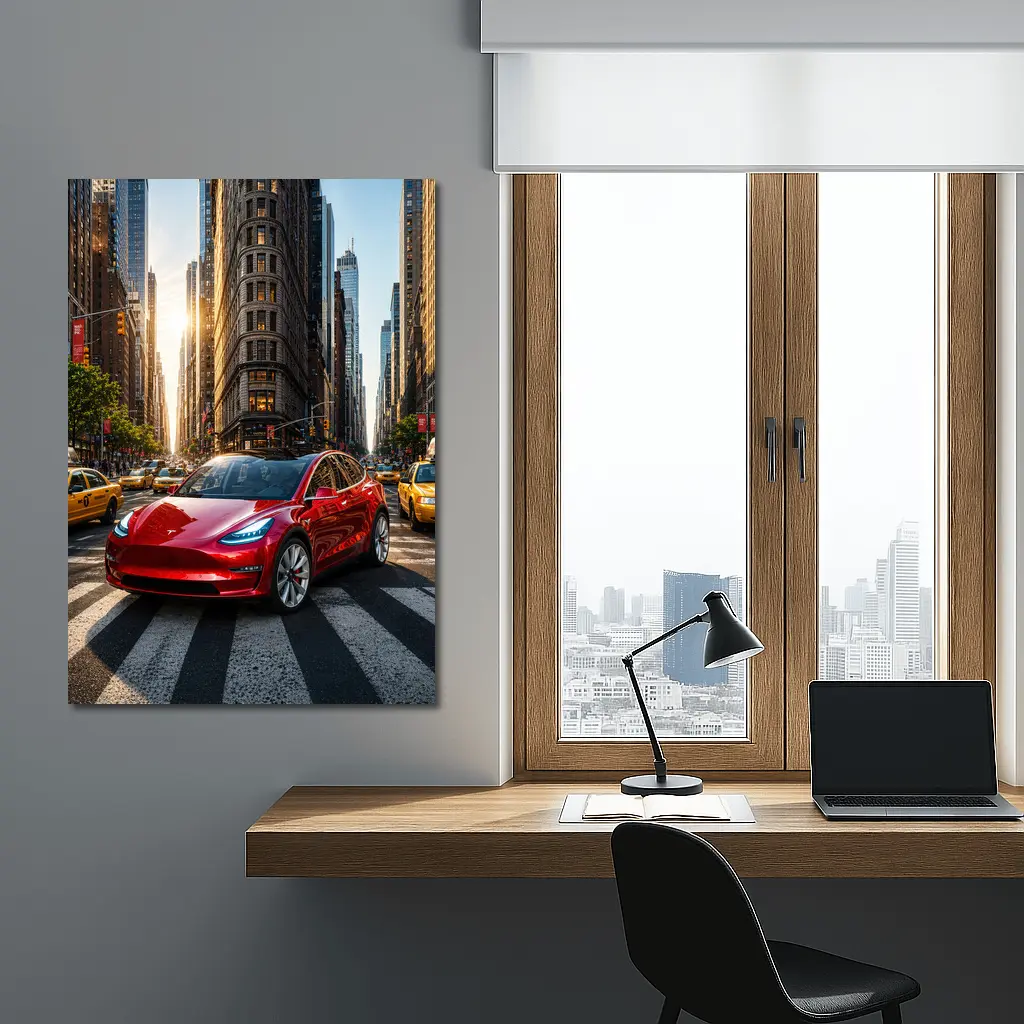 Tesla Model Three Red New York City – Wall Art