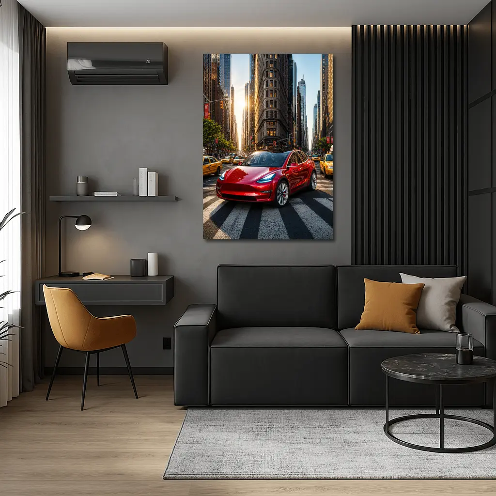 Tesla Model Three Red New York City – Wall Art