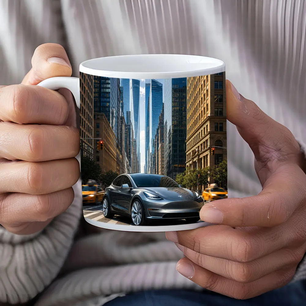 Tesla Model Y Silver New York City Street – Mugs