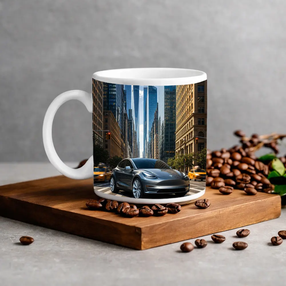 Tesla Model Y Silver New York City Street – Mugs