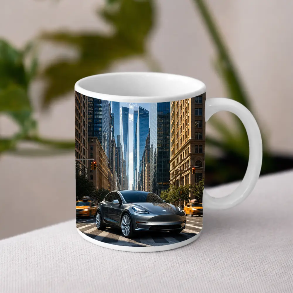 Tesla Model Y Silver New York City Street – Mugs