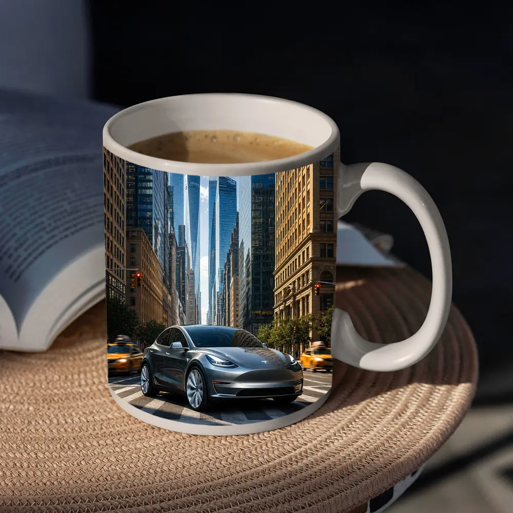 Tesla Model Y Silver New York City Street – Mugs