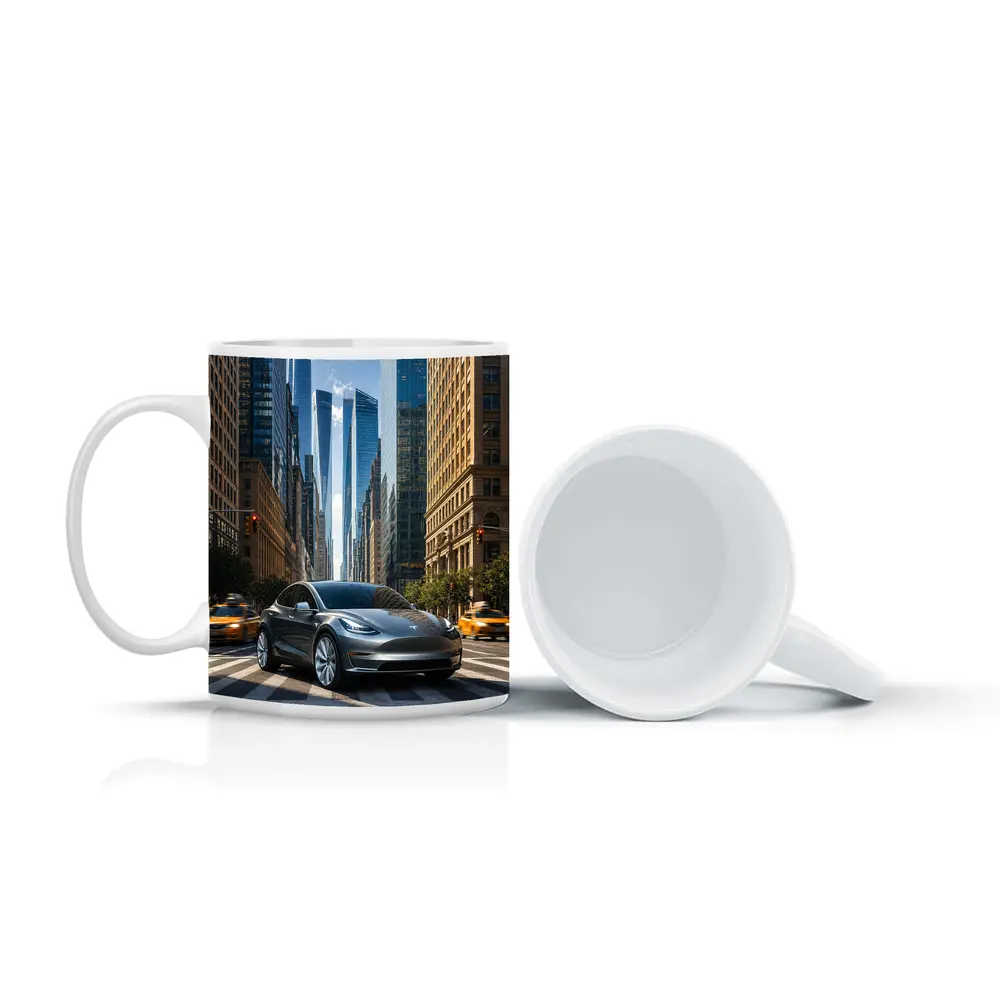 Tesla Model Y Silver New York City Street – Mugs