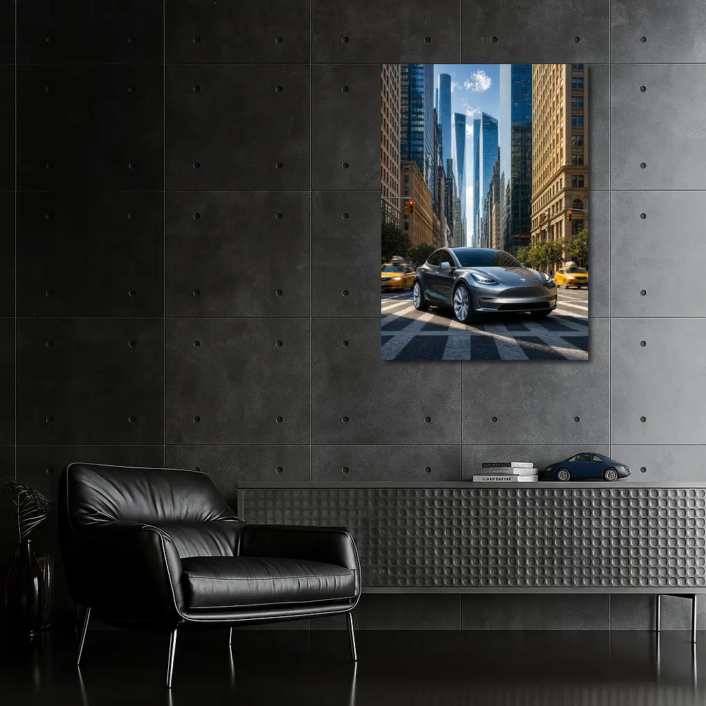 Tesla Model Y Silver New York City Street – Wall Art