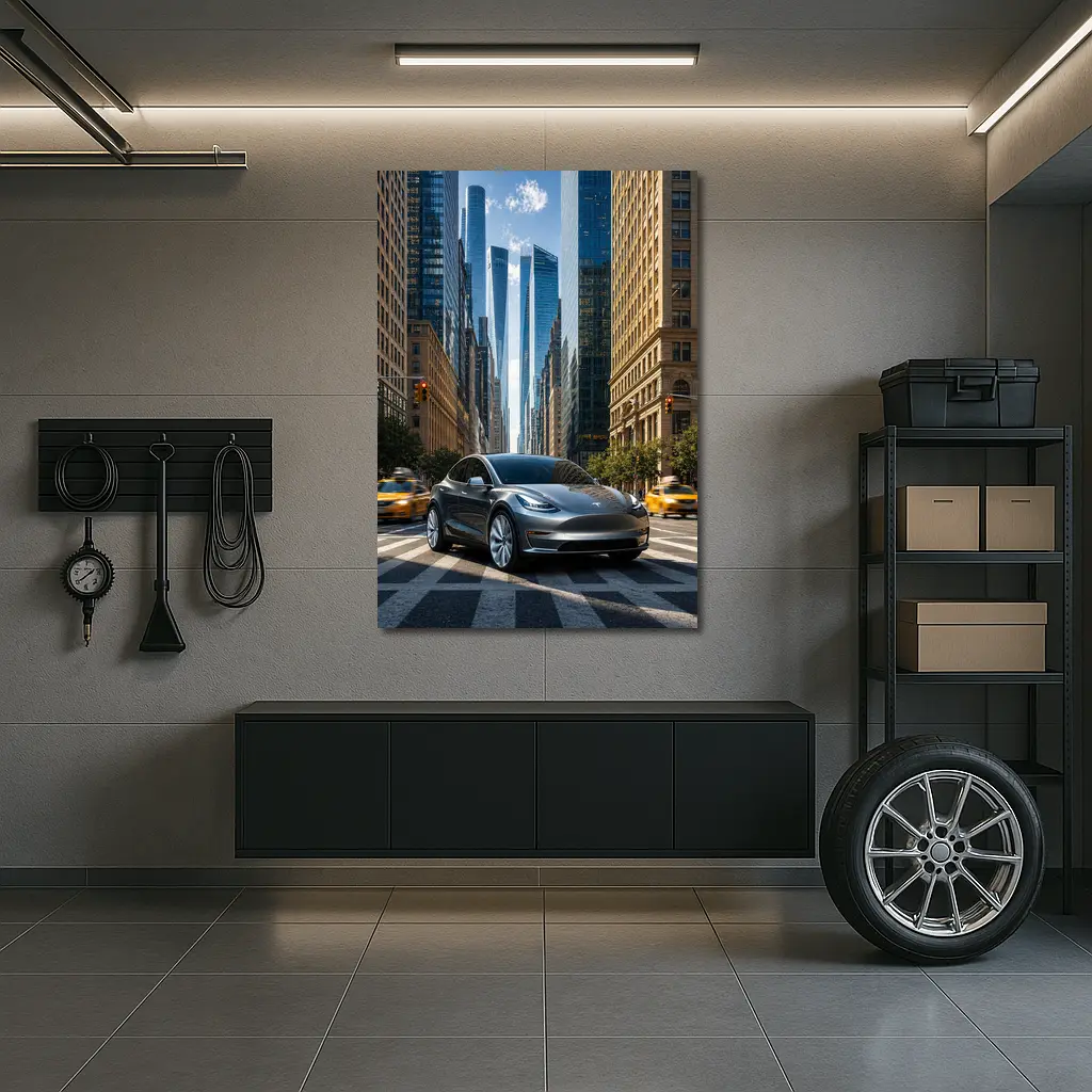 Tesla Model Y Silver New York City Street – Wall Art