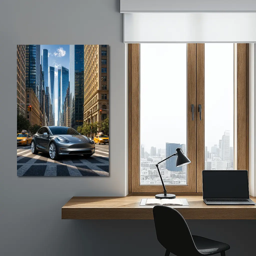 Tesla Model Y Silver New York City Street – Wall Art