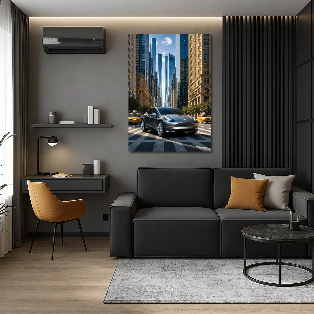 Tesla Model Y Silver New York City Street – Wall Art