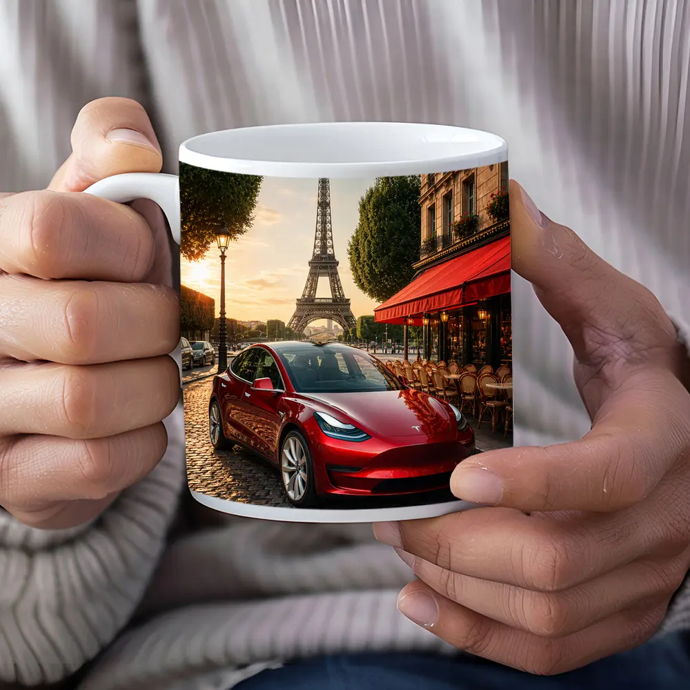 Tesla Model 3 Red Paris Eiffel Tower – Mugs
