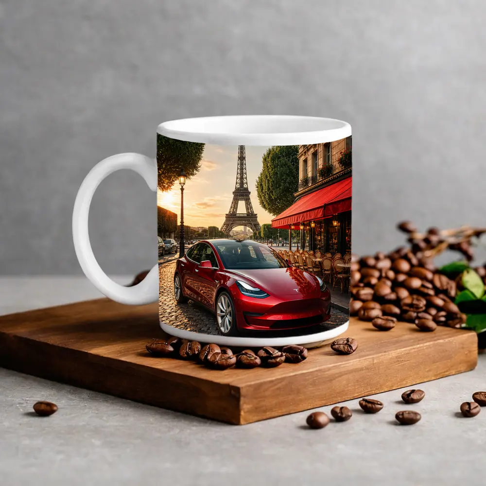 Tesla Model 3 Red Paris Eiffel Tower – Mugs