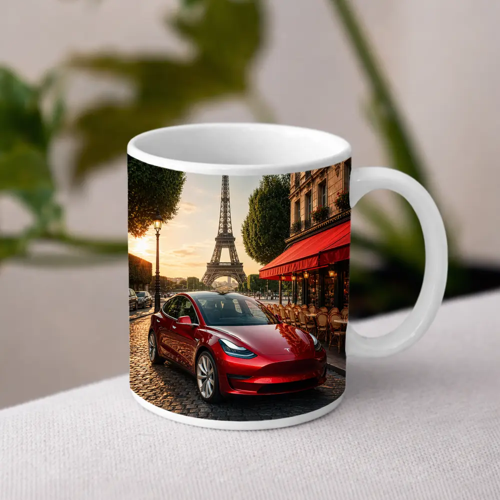 Tesla Model 3 Red Paris Eiffel Tower – Mugs