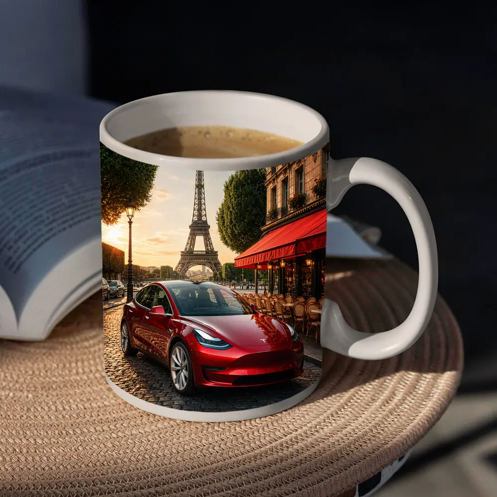 Tesla Model 3 Red Paris Eiffel Tower – Mugs