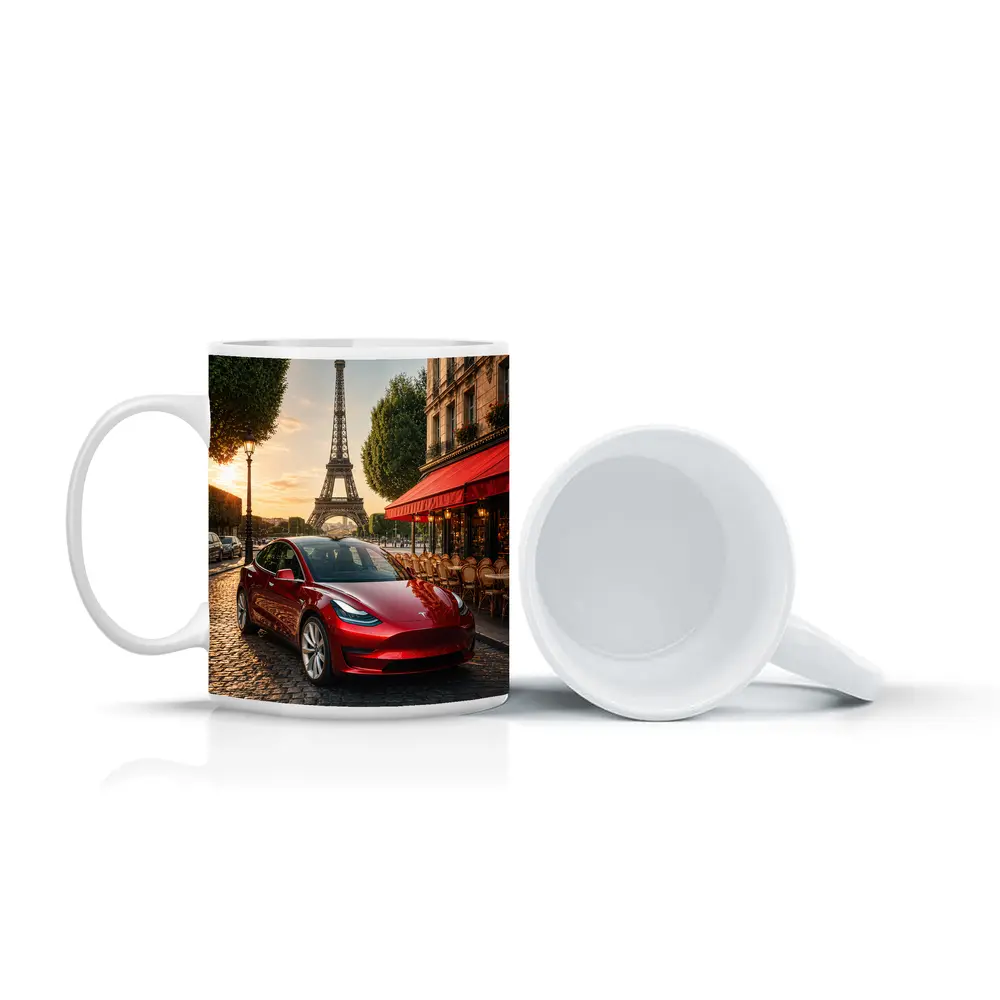 Tesla Model 3 Red Paris Eiffel Tower – Mugs