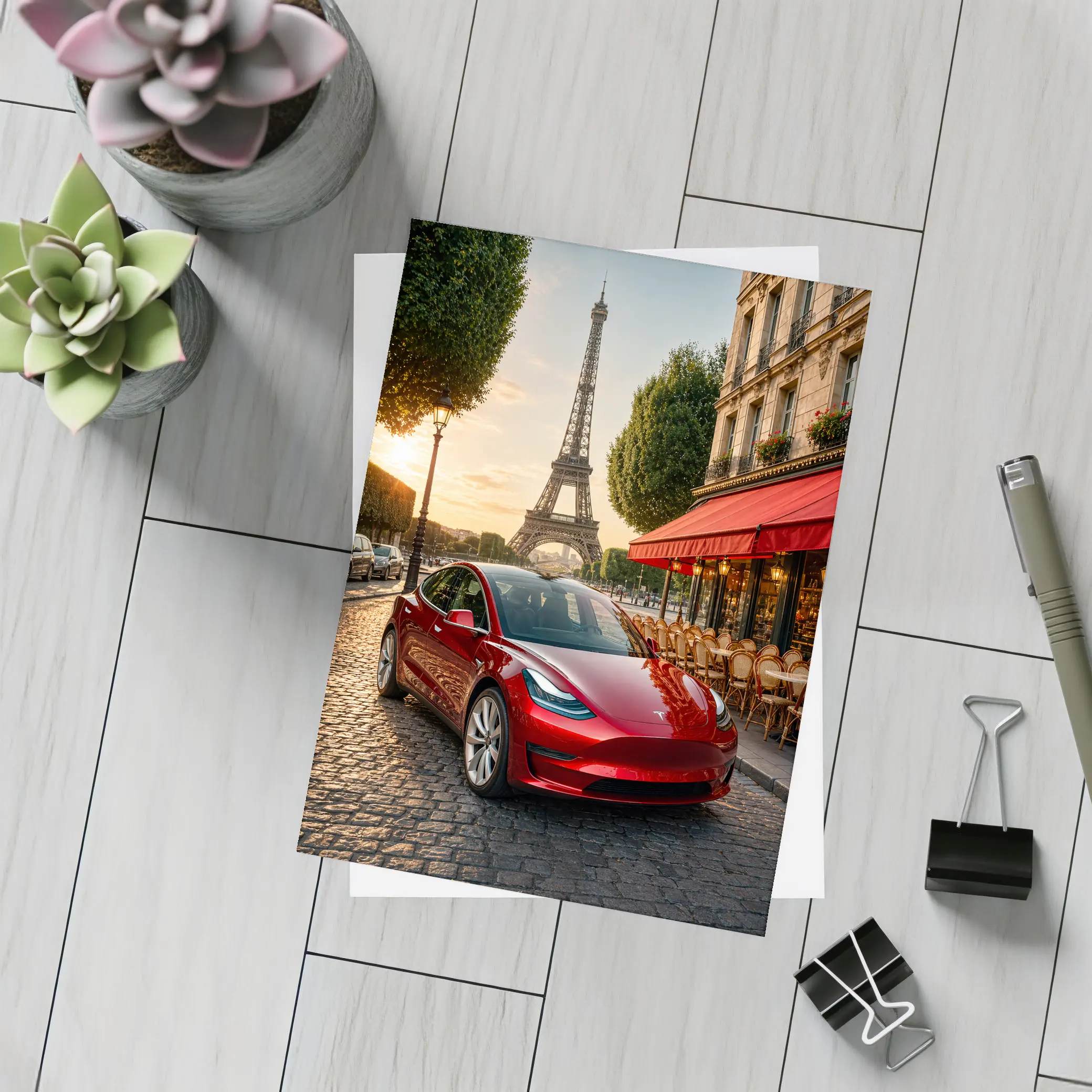 Tesla Model 3 Red Paris Eiffel Tower – Postcards