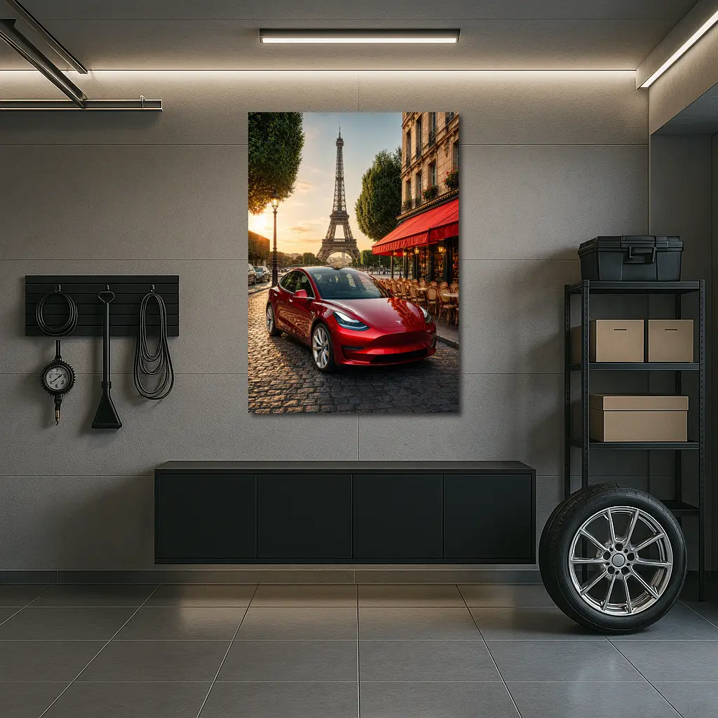 Tesla Model 3 Red Paris Eiffel Tower – Wall Art