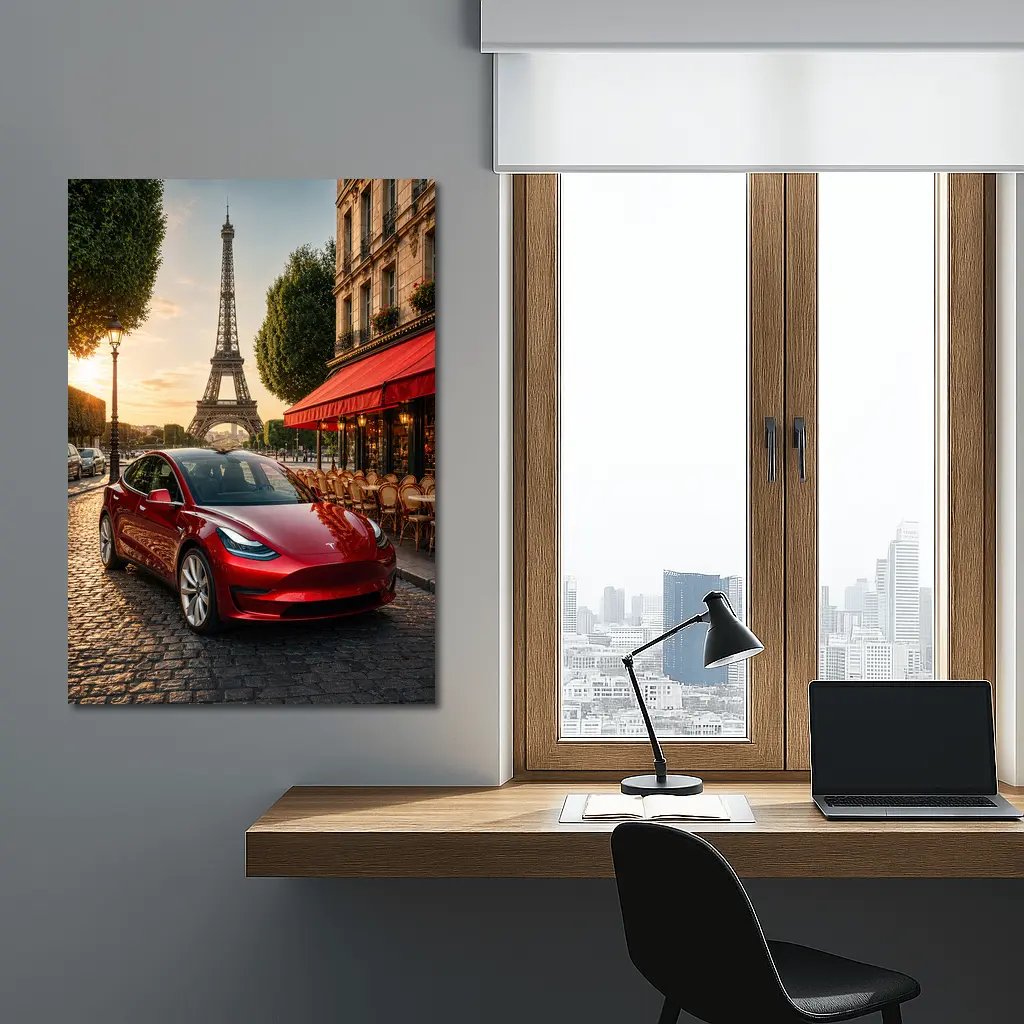 Tesla Model 3 Red Paris Eiffel Tower – Wall Art