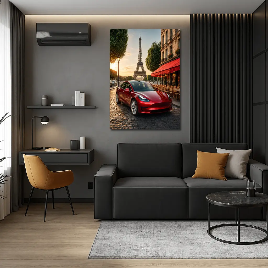 Tesla Model 3 Red Paris Eiffel Tower – Wall Art