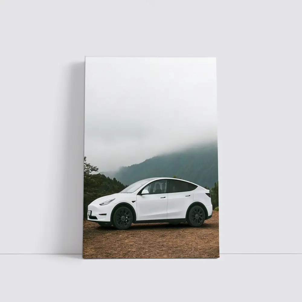 Tesla Model Y White Foggy Mountain Road – Wall Art