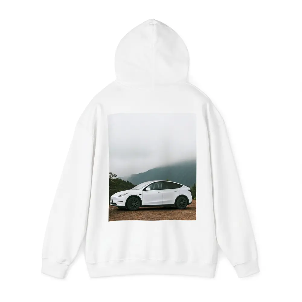 Tesla Model Y White Foggy Mountain Road – Hoodies