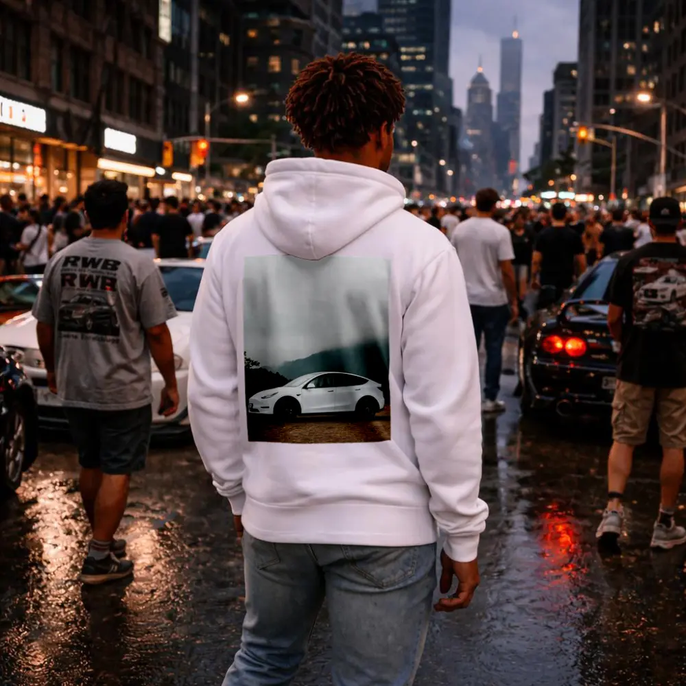 Tesla Model Y White Foggy Mountain Road – Hoodies