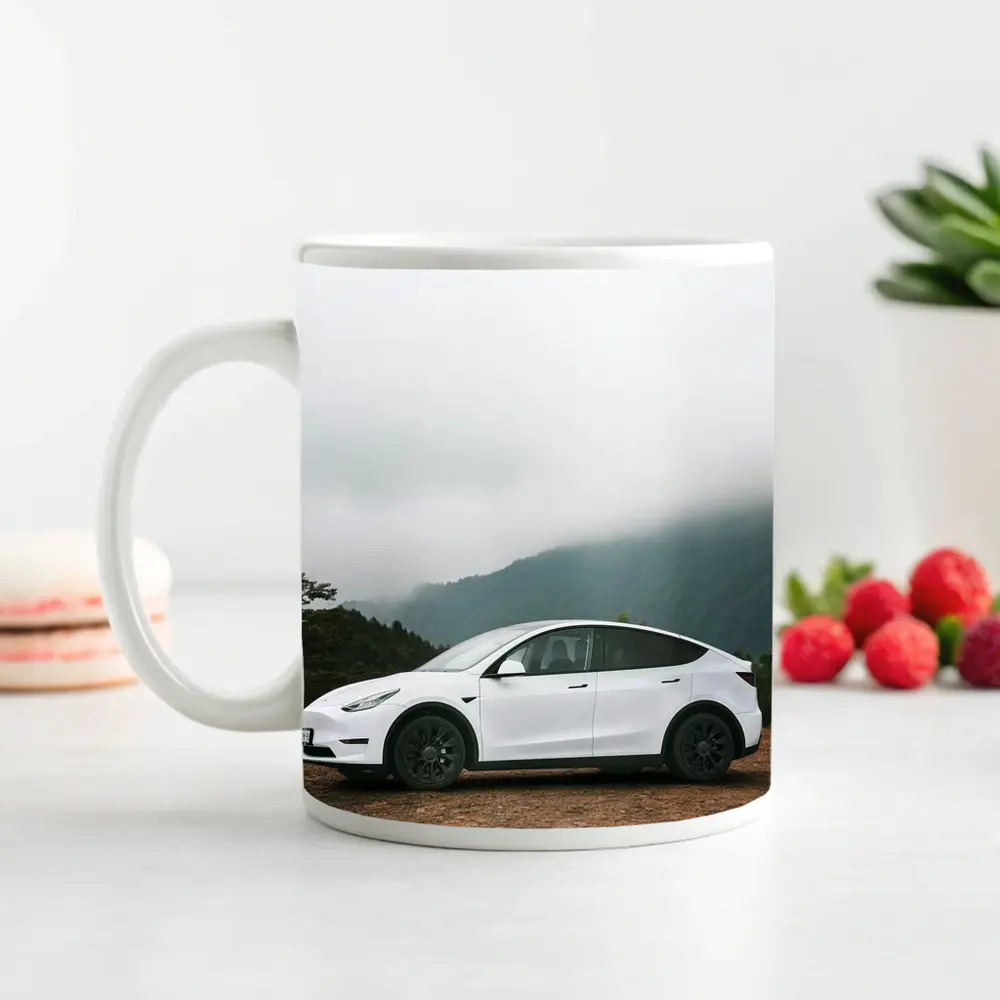 Tesla Model Y White Foggy Mountain Road – Mugs