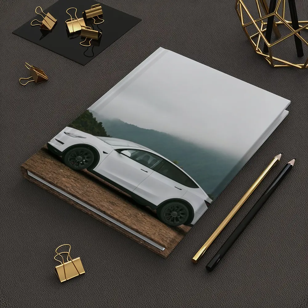 Tesla Model Y White Foggy Mountain Road – Notebooks