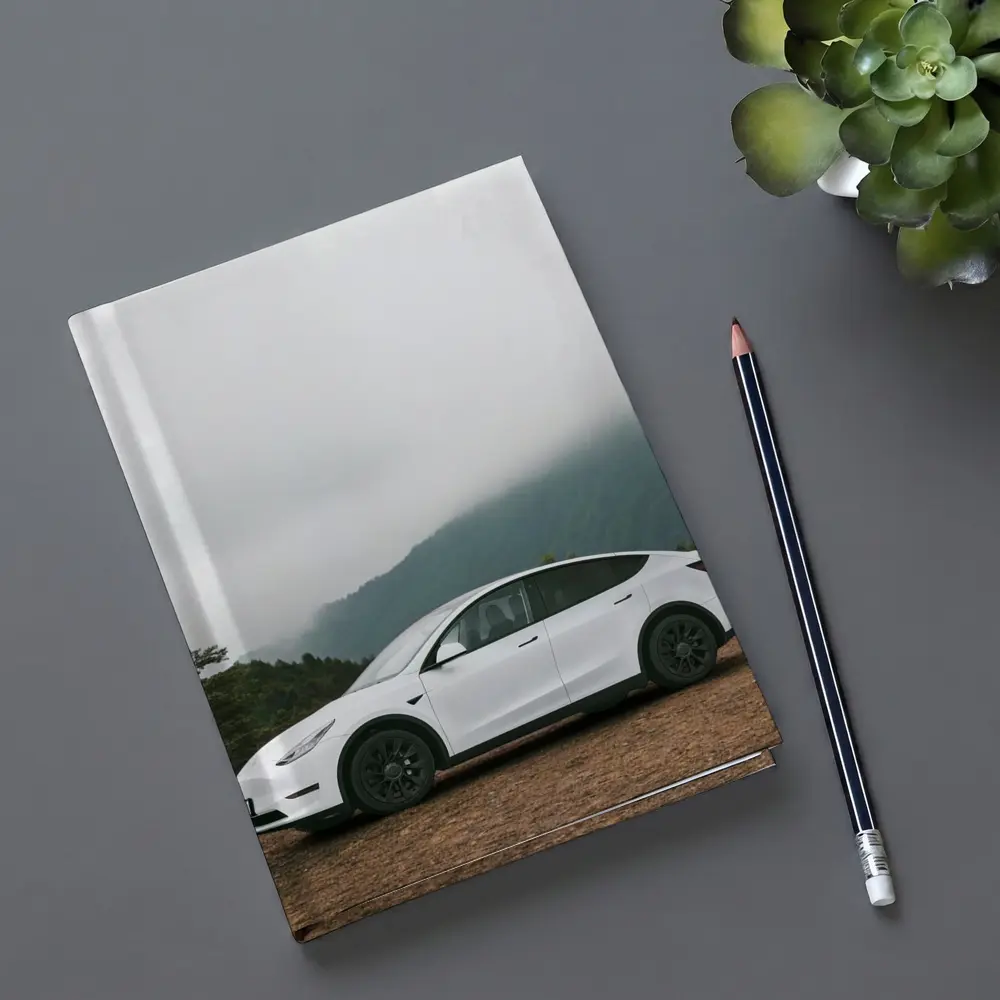 Tesla Model Y White Foggy Mountain Road – Notebooks