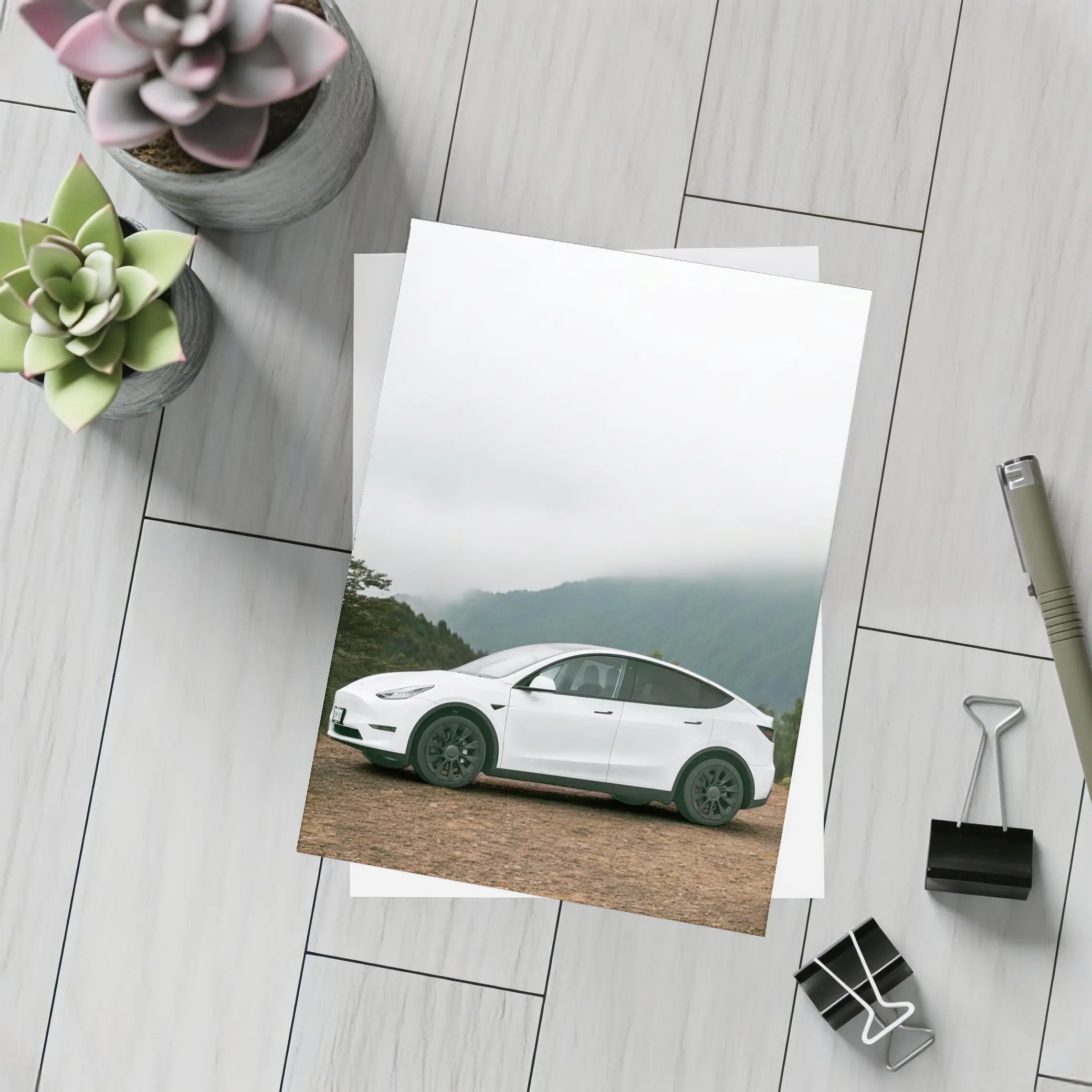 Tesla Model Y White Foggy Mountain Road – Postcards