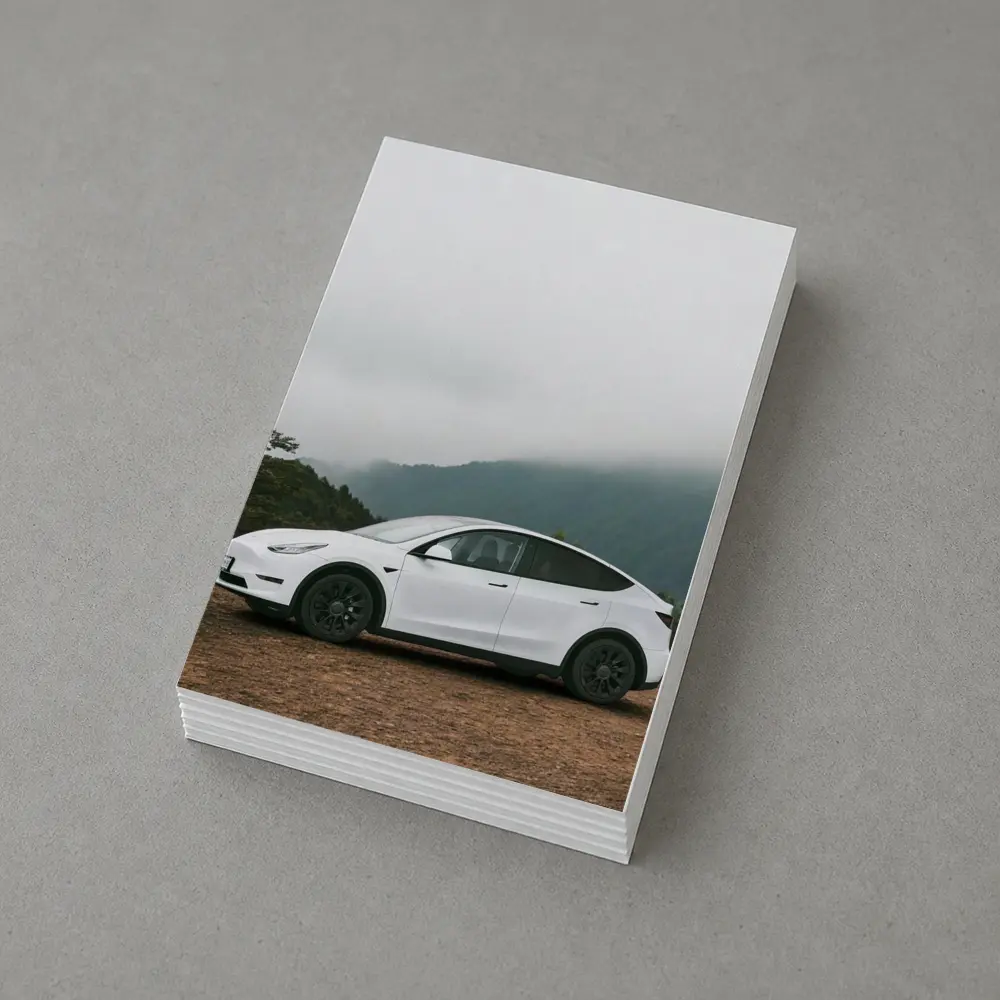 Tesla Model Y White Foggy Mountain Road – Postcards