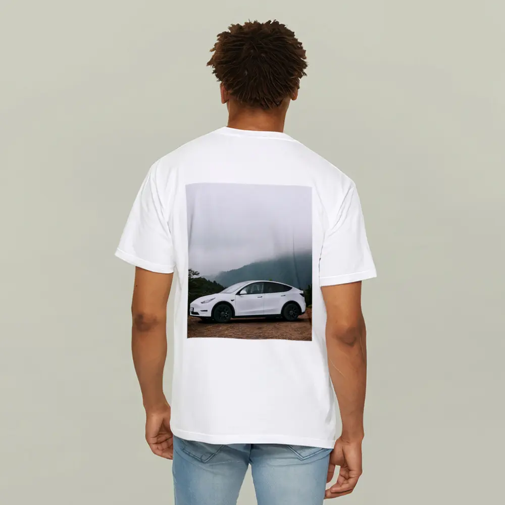 Tesla Model Y White Foggy Mountain Road – T-Shirts