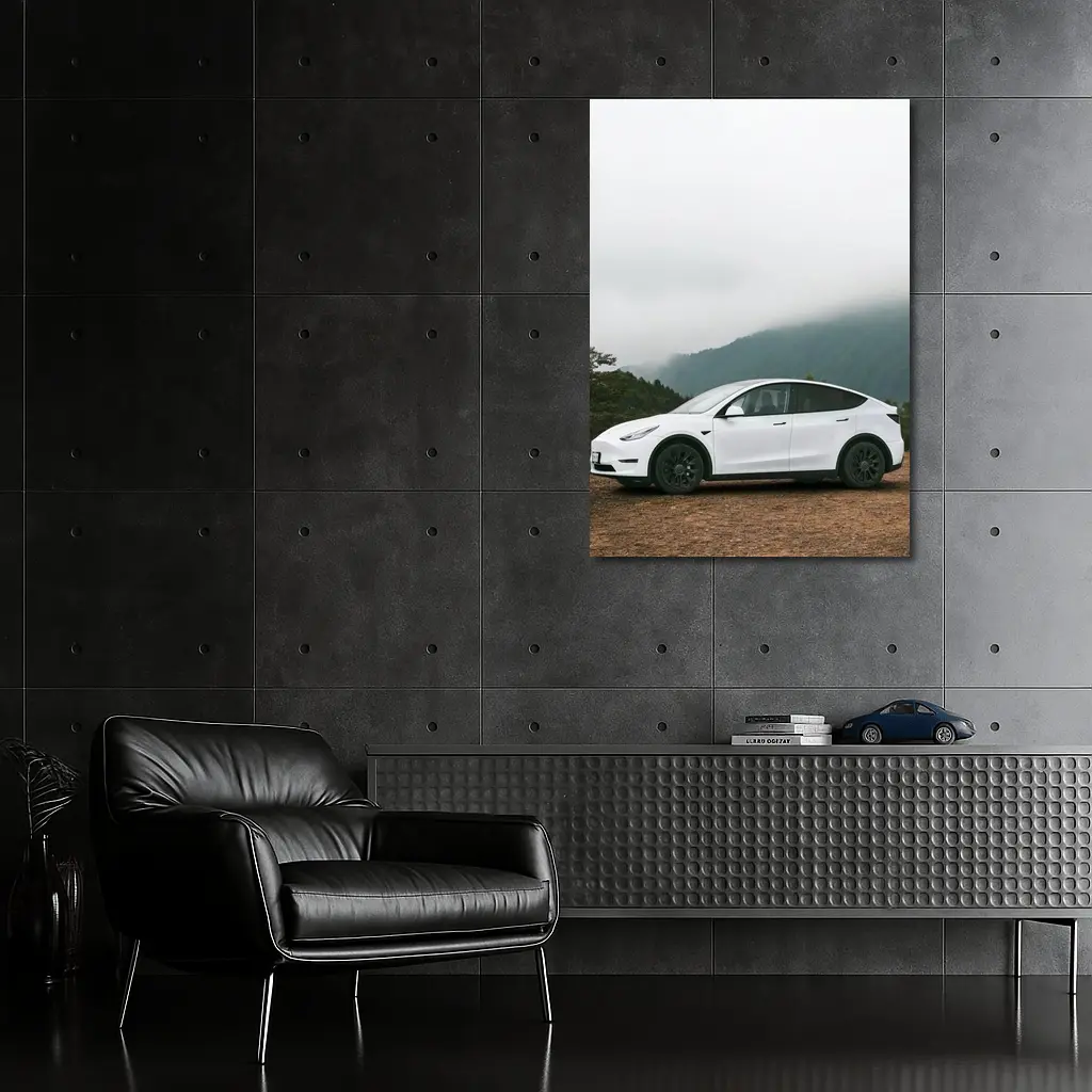 Tesla Model Y White Foggy Mountain Road – Wall Art