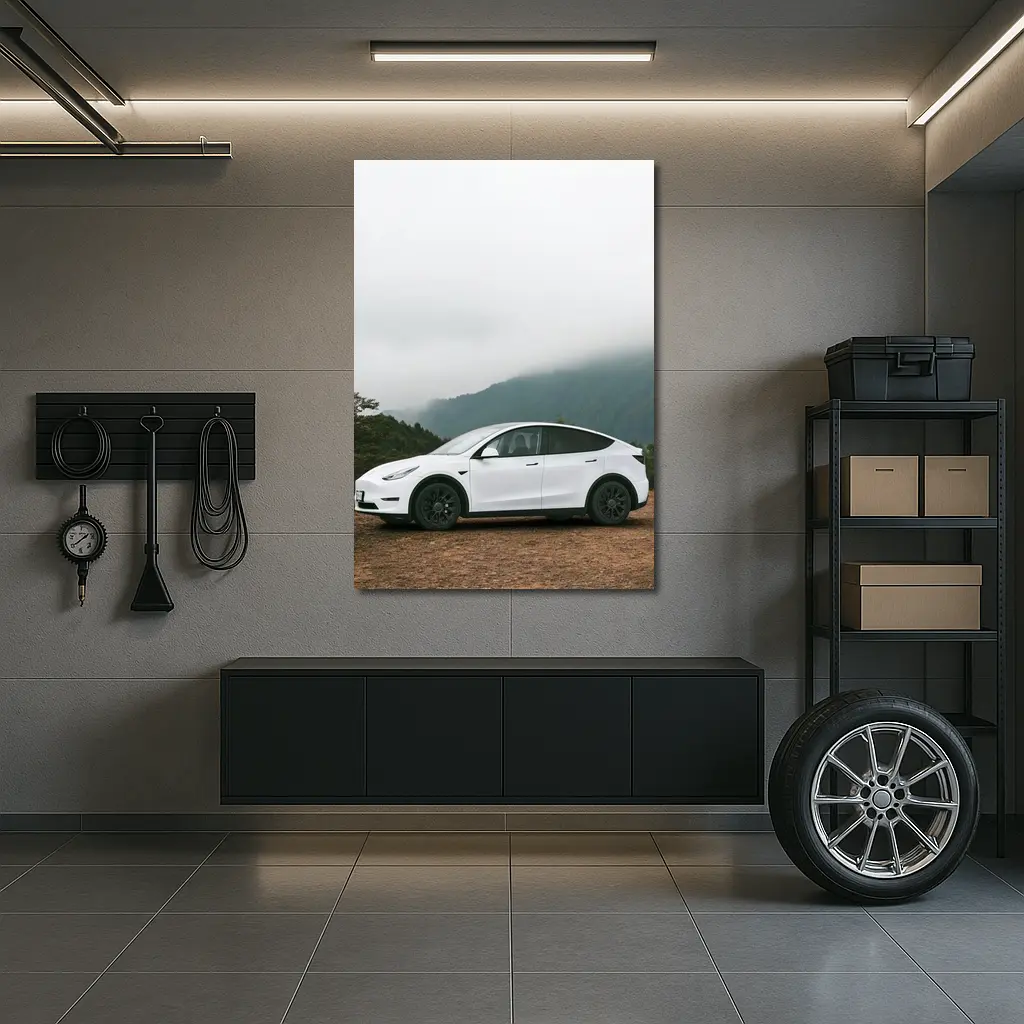 Tesla Model Y White Foggy Mountain Road – Wall Art