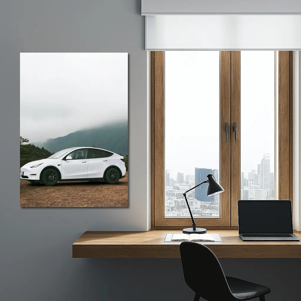 Tesla Model Y White Foggy Mountain Road – Wall Art
