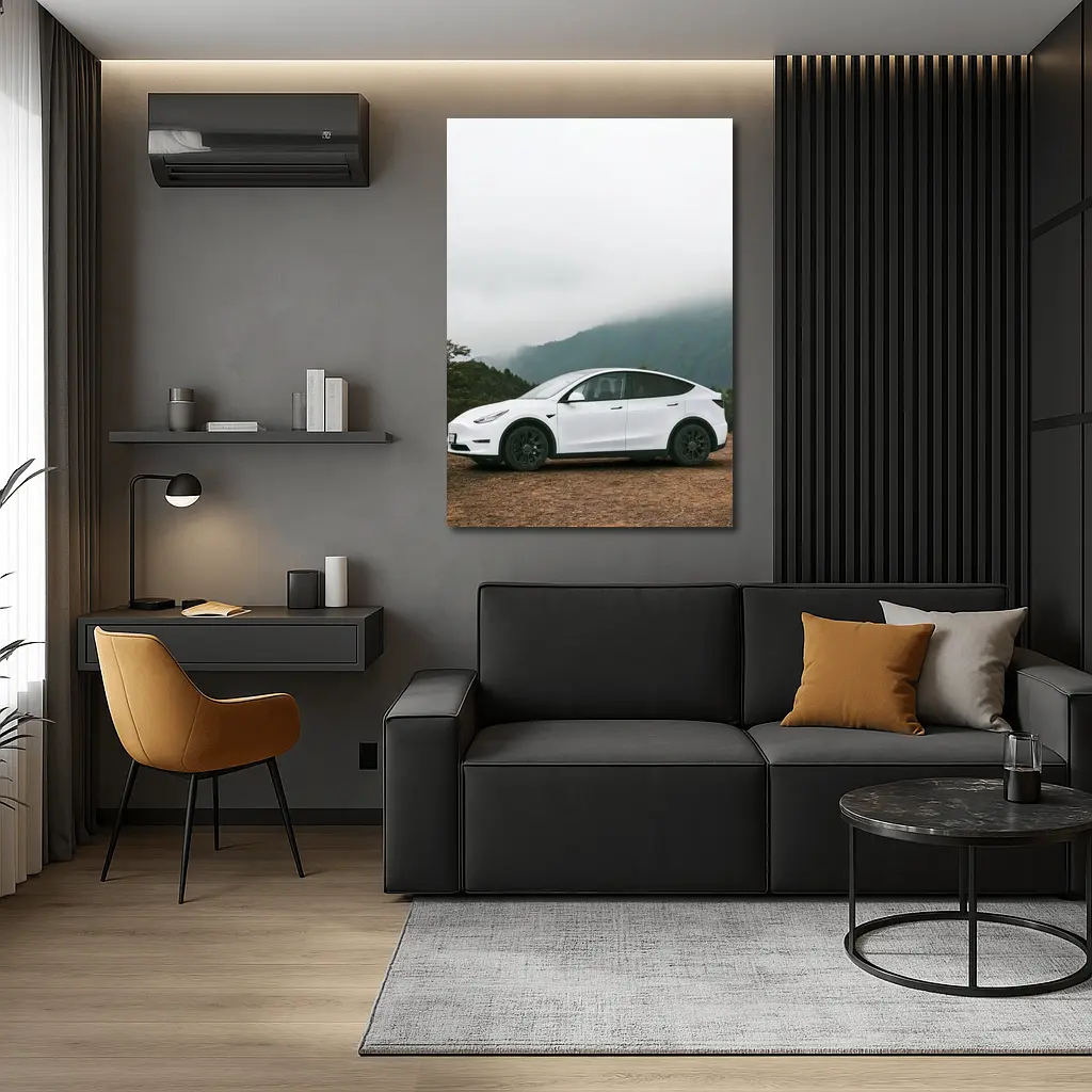 Tesla Model Y White Foggy Mountain Road – Wall Art