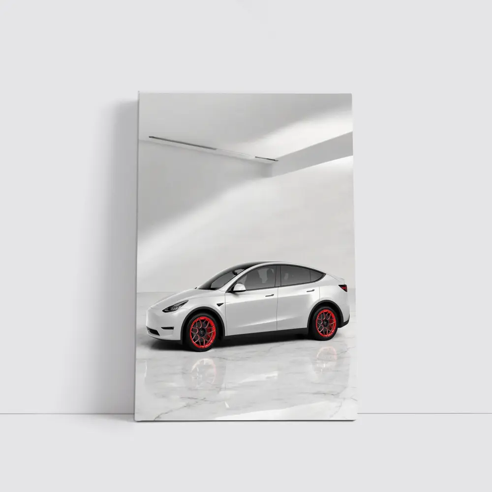 Tesla Model Y White Studio Red Wheels – Wall Art