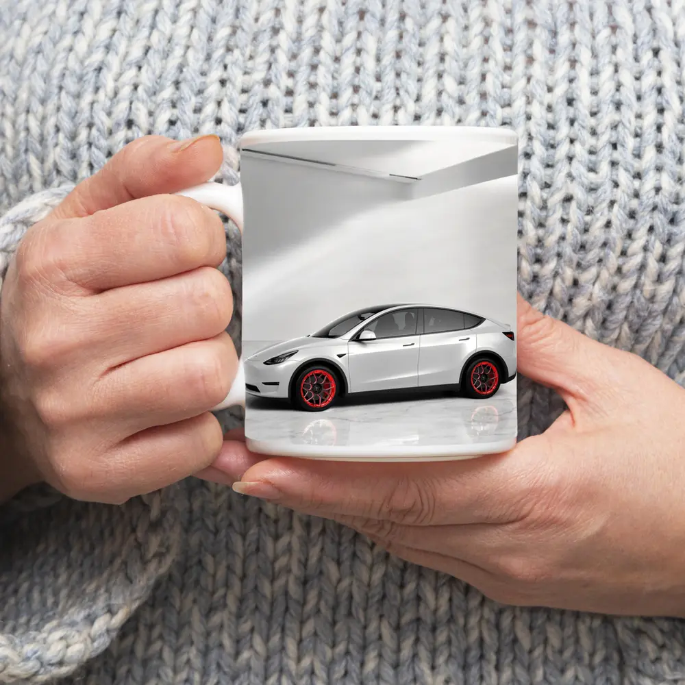 Tesla Model Y White Studio Red Wheels – Mugs