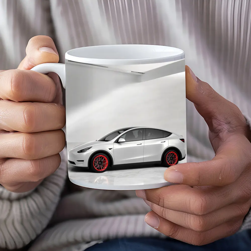 Tesla Model Y White Studio Red Wheels – Mugs