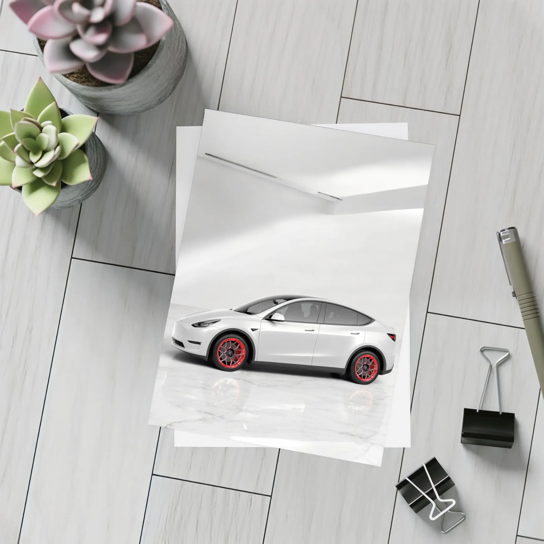 Tesla Model Y White Studio Red Wheels – Postcards