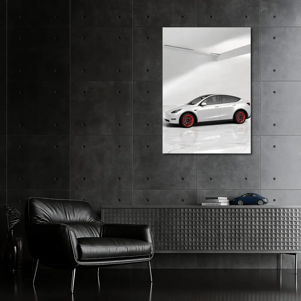 Tesla Model Y White Studio Red Wheels – Wall Art