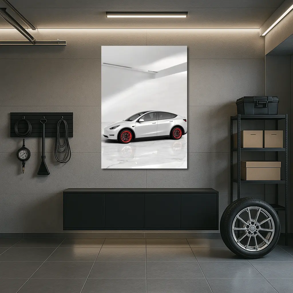 Tesla Model Y White Studio Red Wheels – Wall Art
