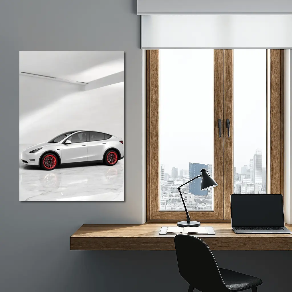 Tesla Model Y White Studio Red Wheels – Wall Art