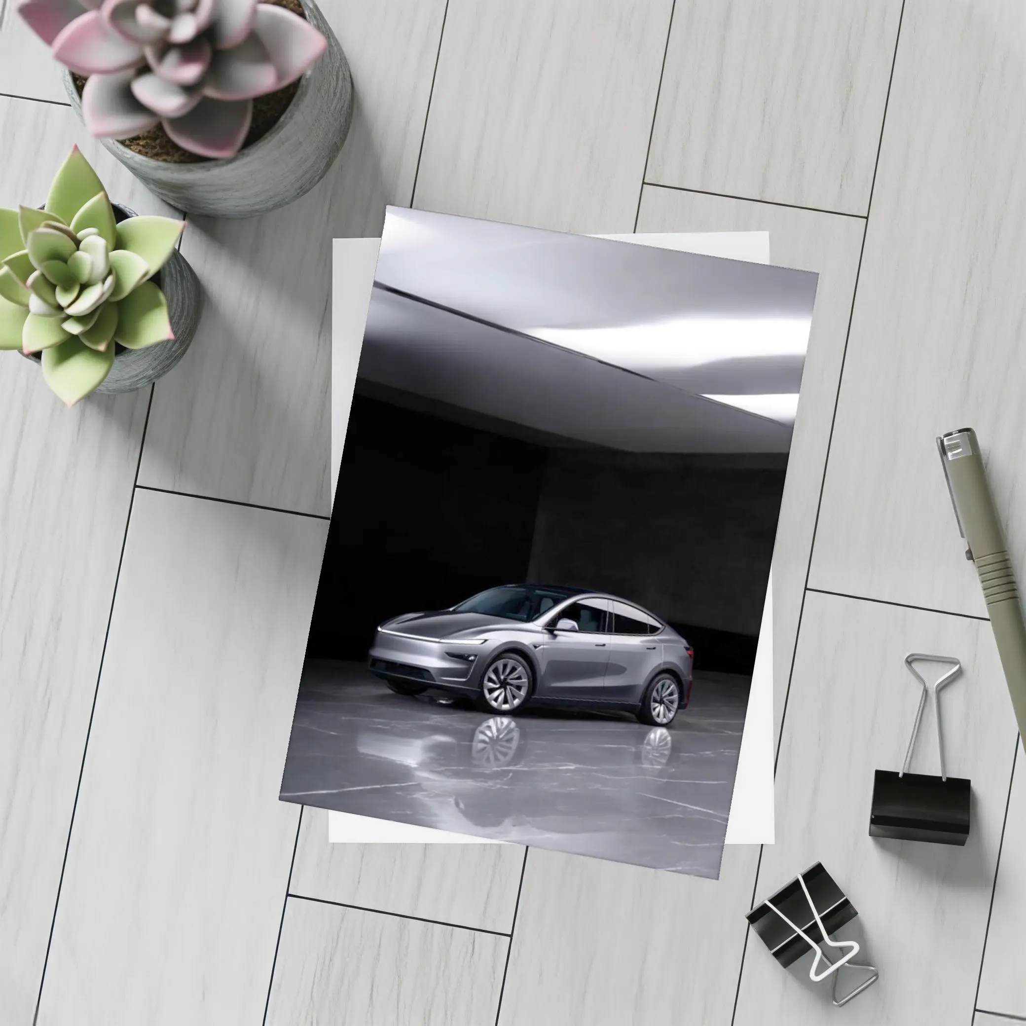 Tesla Model Y Silver Studio Dark Room – Postcards