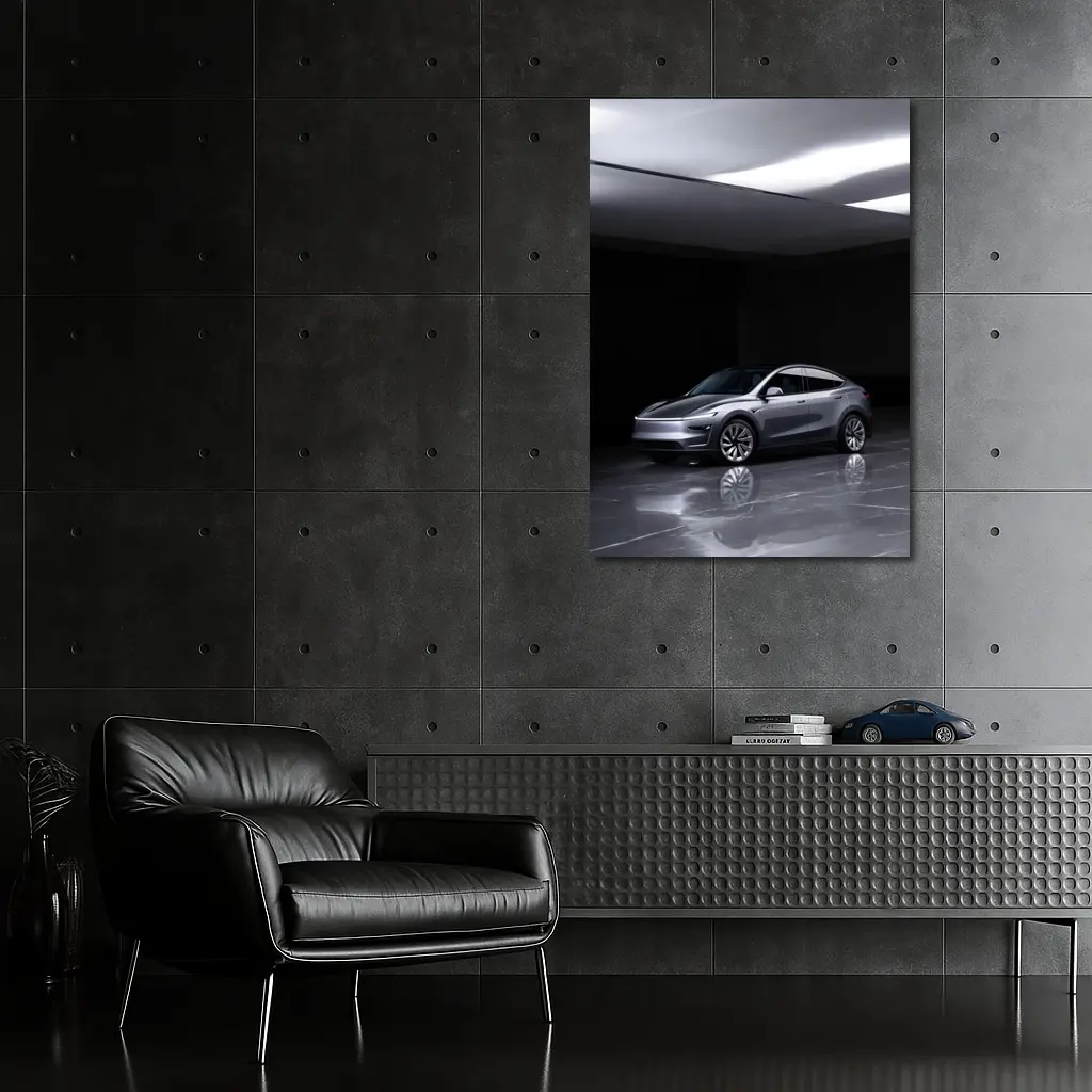 Tesla Model Y Silver Studio Dark Room – Wall Art