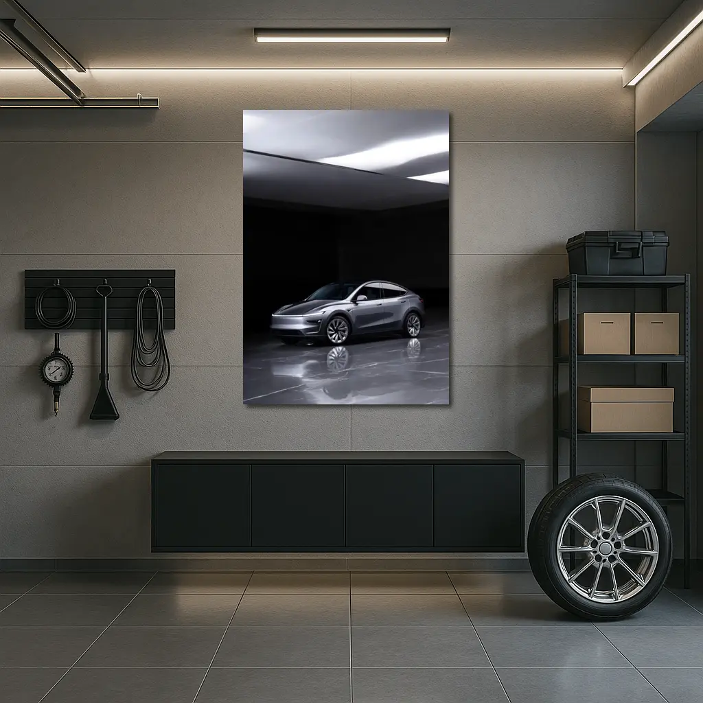 Tesla Model Y Silver Studio Dark Room – Wall Art