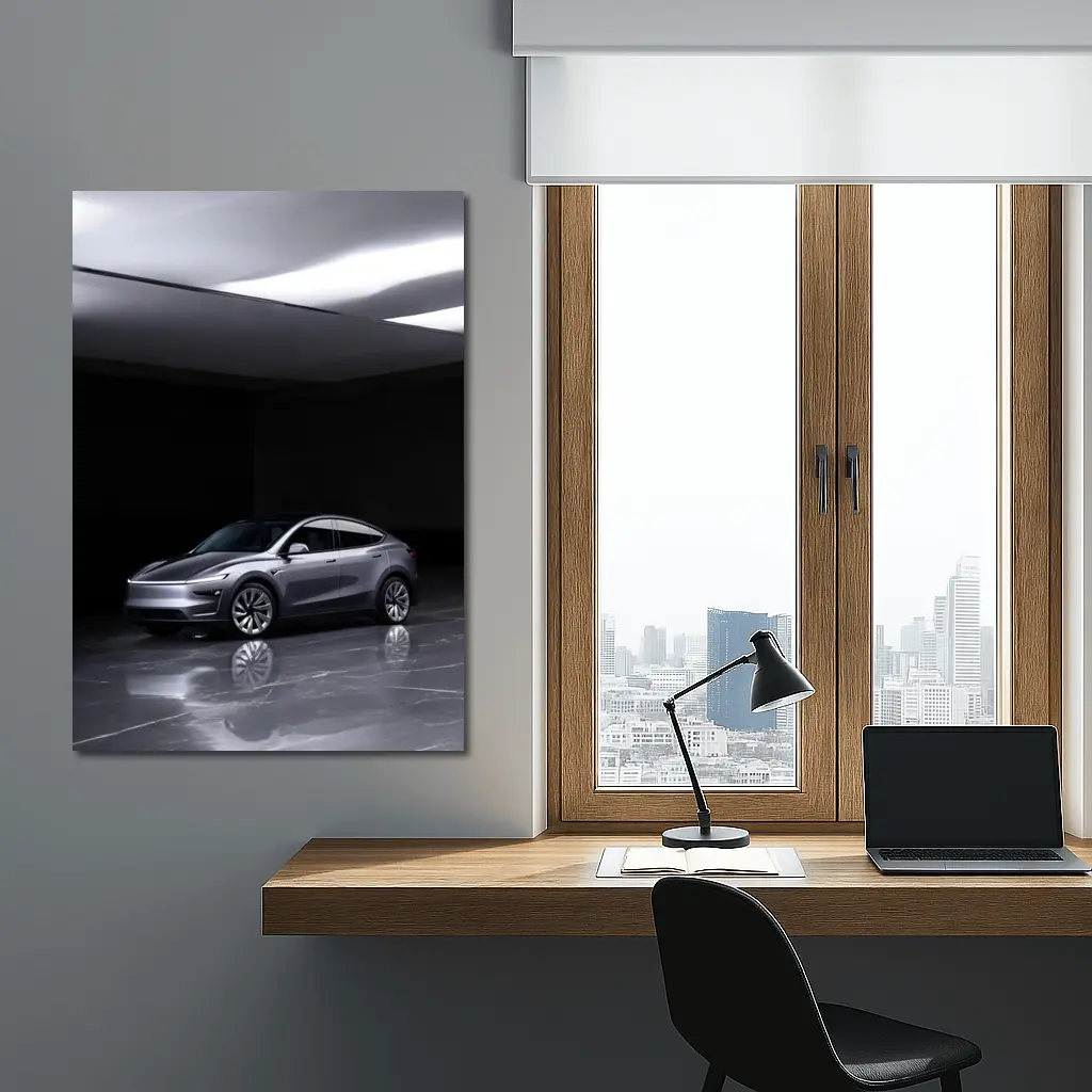 Tesla Model Y Silver Studio Dark Room – Wall Art