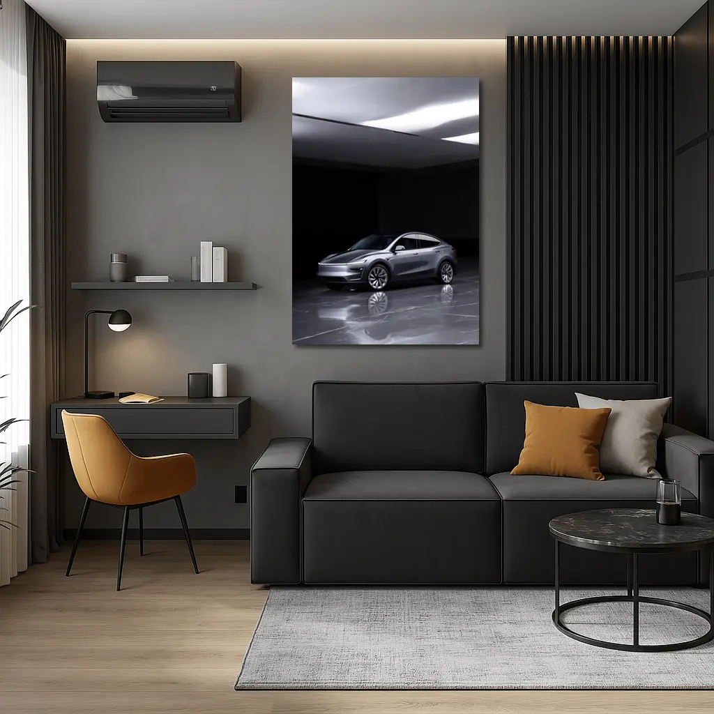Tesla Model Y Silver Studio Dark Room – Wall Art