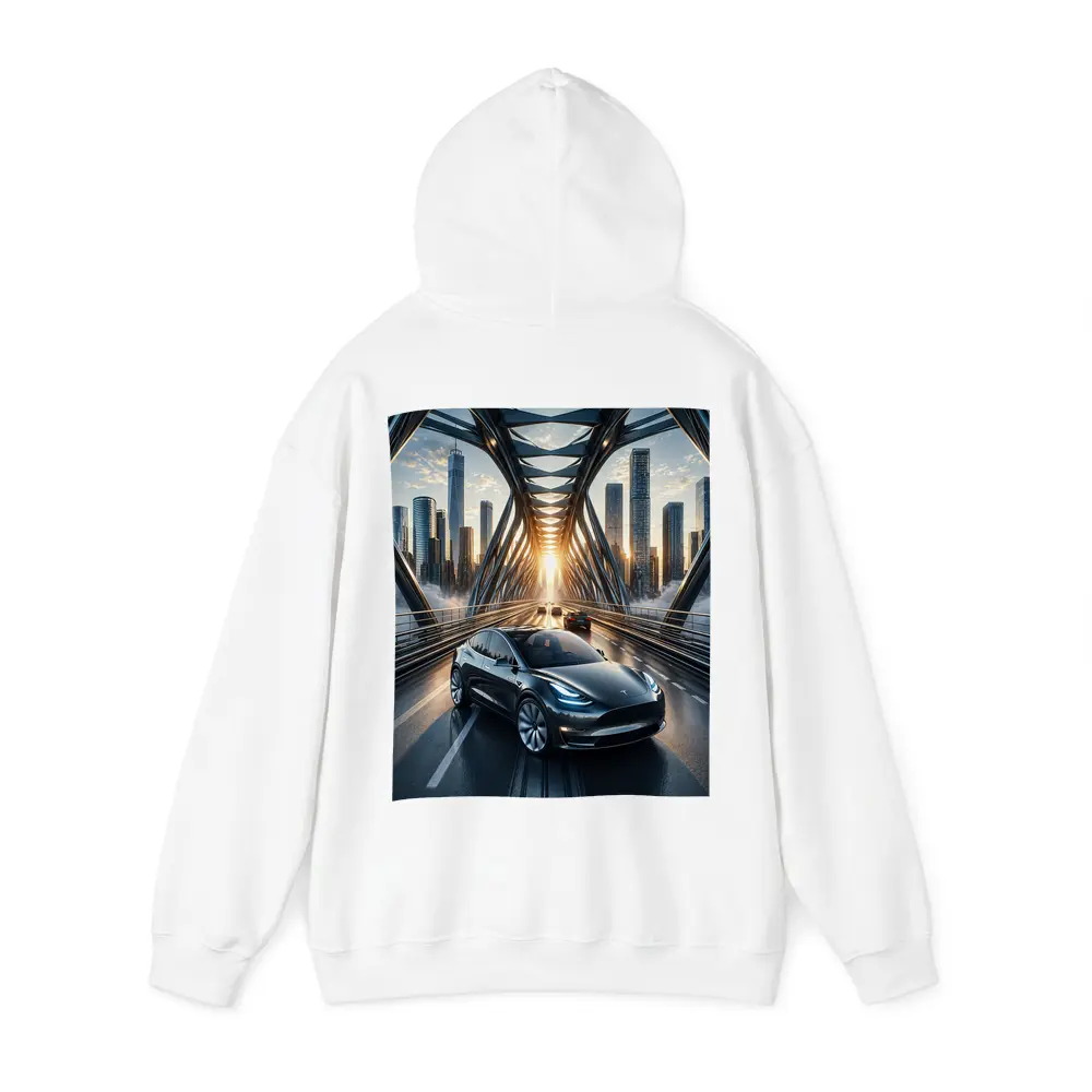 Tesla Model Y On City Bridge Sunset – Hoodies